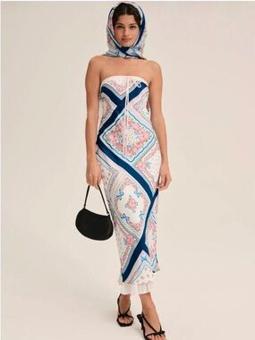 For Love & Lemons Strapless Daisy Scarf-Print Midi Dress in Blue & Pink